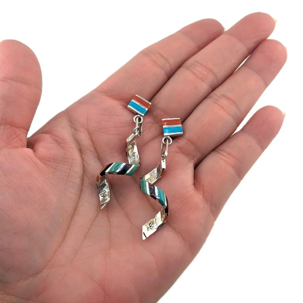 Authentic Zuni‎ Spiral Multi Stones Inlay Dangle Earrings Handmade NA Jewelry**